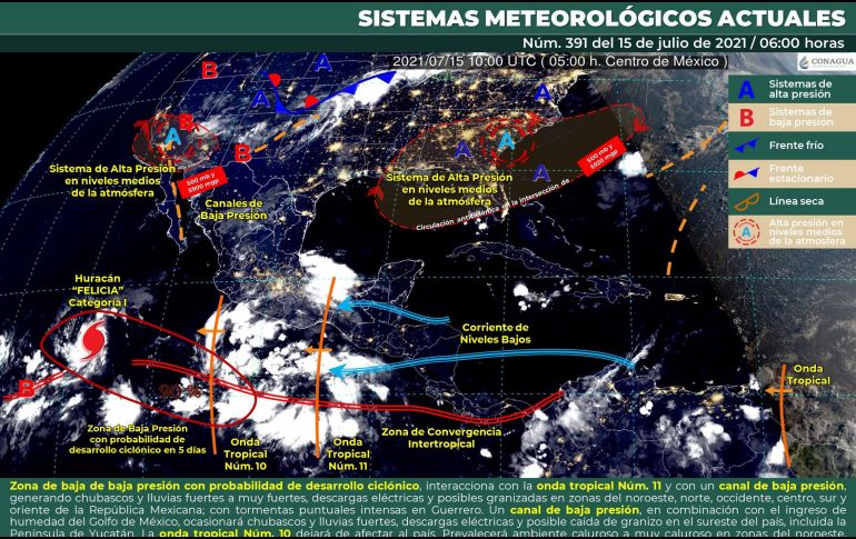 Según el pronóstico, “Felicia” ganará fuerza en las próximas horas y llegará a ser categoría 2. ESPECIAL / smn.conagua.gob.mx