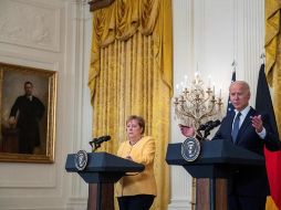 Joe Biden habla durante una conferencia de prensa con la canciller alemana, Angela Merkel, de visita en Washington. EFE/S. Thew