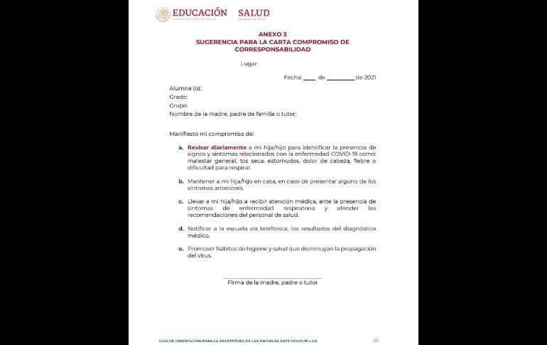 La carta compromiso de corresponsabilidad debe entregarse el primer día de regreso a clases. Carta con formato sugerido en la 