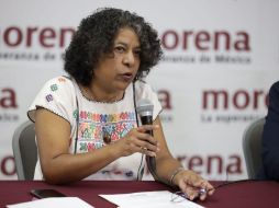 La regidora electa por Morena, Candelaria Ochoa, durante una rueda de prensa este lunes. ESPECIAL