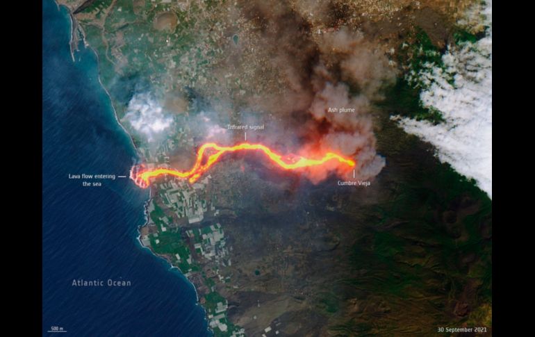 El flujo de lava del volcán de la Cumbre Vieja en una imagen satelital captada ayer por la misión Copernicus Sentinel-2. EFE/ ESA