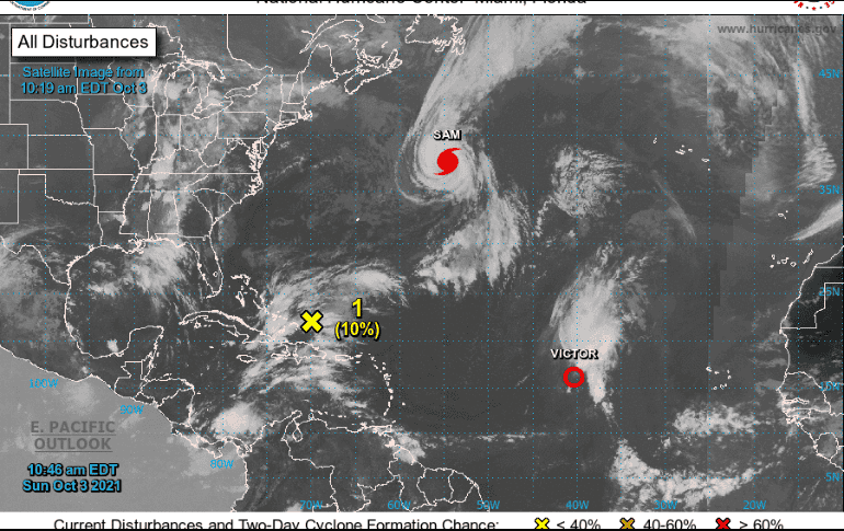 “Sam” sigue suponiendo un peligro por el fuerte oleaje y resaca que afectarán durante varios días más al norte de las Islas de Sotavento, las Antillas Mayores, Bahamas y el este de los EU y Canadá. ESPECIAL / nhc.noaa.gov