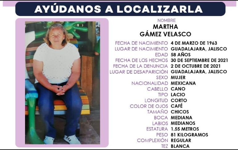 Autoridades pidieron a la ciudadanía comunicarse al 30304949 o 911en caso de tener alguna información sobre Martha. ESPECIAL /