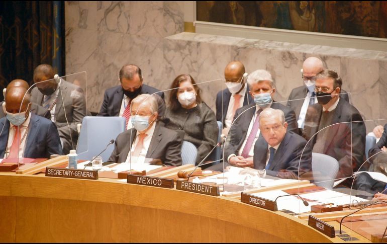 El Presidente Andrés Manuel López Obrador (AMLO) habló durante un debate sobre mantenimiento de la paz y seguridad tras haberse reunido con el Secretario General de la ONU, António Guterres. ESPECIAL