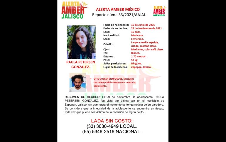 Paula Petersen fue vista por última vez el pasado 29 de noviembre. TWITTER@AAMBER_JAL