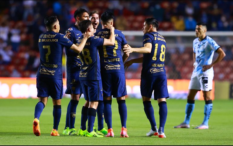 LÍDERES. Pumas se impuso 3-1 a Gallos y lidera el Clausura 2022 con 6 puntos. IMAGO7