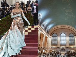 El estampado azul en la falda del vestido Versace que Blake Lively llevó a la Met Gala 2022 está inspirado en la constelación del techo de la Grand Central Station. AP/ Evan Agostini, UNSPLASH/ Mathias Arlund