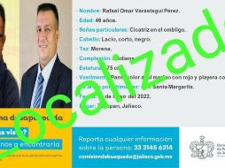 El maestro habí sido visto por última vez el pasado domingo por el rumbo de la colonia Santa Margarita, en Zapopan. FACEBOOK / Comisión de Búsqueda de Personas del Estado de Jalisco