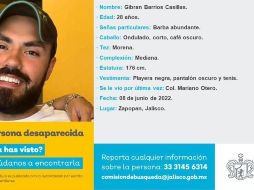 Gibrán Barrios, de 28 años, fue visto por última vez el pasado 8 de junio en la colonia Las Torres, en Zapopan. Facebook / Comisión de Búsqueda de Personas del Estado de Jalisco
