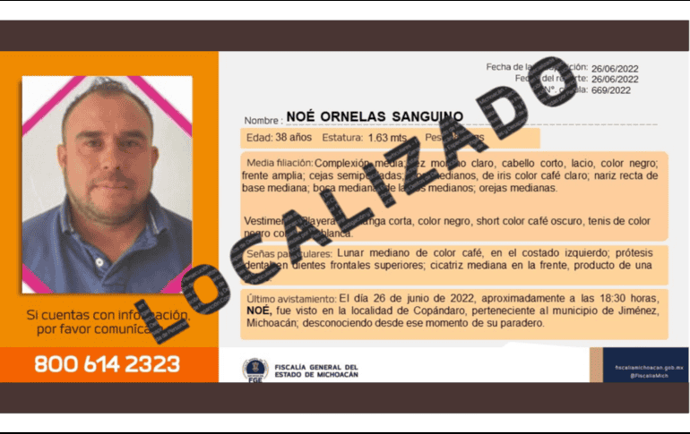 Noé Ornelas Sanguino fue privado de la libertad el domingo y su cuerpo encontrado este lunes sobre el camino carretero La Soledad-La Estancia, de ese municipio. TWITTER / @FiscaliaMich