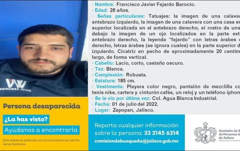 Francisco Javier Fajardo desapareció el pasado viernes 1 de julio. FACEBOOK / Comisión de Búsqueda de Personas del Estado de Jalisco