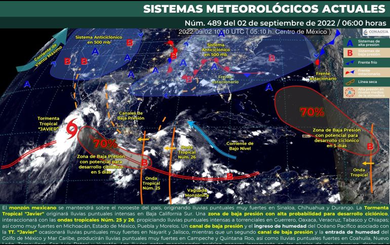De acuerdo con la Conagua, también habrá lluvias fuertes a muy fuertes en Durango, Nayarit y Sinaloa. ESPECIAL / smn.conagua.gob.mx