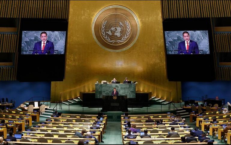 El canciller venezolano Carlos Faría en su discurso ante la Asamblea General de Naciones Unidas. AP/J. DeCrow