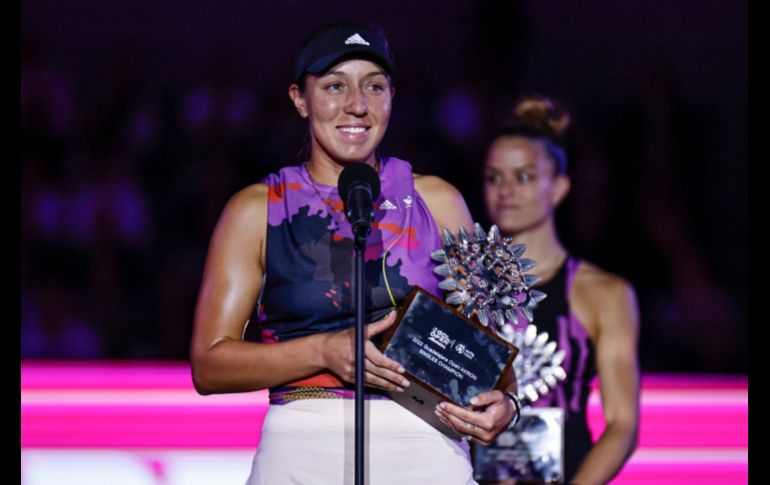 Jessica Pegula venció en dos sets a la griega Maria Sakkari con parciales de 6-2 y 6-3 para consagrarse campeona del GDL Open AKRON. EL INFORMADOR / C. Zepeda