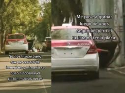 Las pasajeras a bordo del taxi sin placas lograron bajar de la unidad gracias a la ayuda de otra pareja que circulaba cerca de ellos en la alcaldía Xochimilco; alegaron haber pedido al conductor que se detuviera luego de que este cambiara su ruta. TIKTOK/ @zairanay