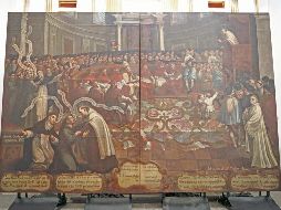 Pintura monumental titulada “San Ángel Carmelita predicando en la basílica de San Juan de Letrán”, fechada en 1747. EL INFORMADOR/ C. Zepeda