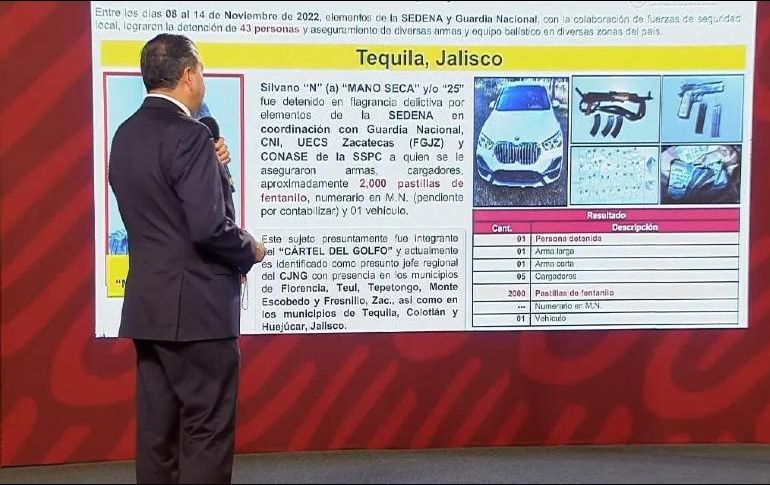 Mejía Berdeja informó que al “F25”, operador del cártel liderado por “El Mencho”, se le detuvo “en flagrancia delictiva” por elementos de la Sedena. ESPECIAL /