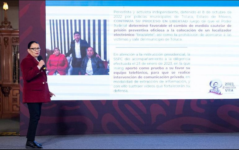 La secretaria de Seguridad y Protección Ciudadana, Rosa Icela Rodríguez, habla durante la conferencia de prensa matutina de este jueves. SUN/D. Sánchez