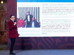 La secretaria de Seguridad y Protección Ciudadana, Rosa Icela Rodríguez, habla durante la conferencia de prensa matutina de este jueves. SUN/D. Sánchez