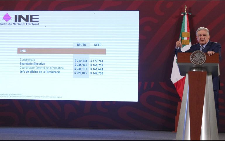 En la conferencia, se proyectó una gráfica en donde se detalla que Edmundo Jacobo ganaba 160 mil pesos mensuales netos y se detalló que está en el INE desde 2008. SUN/C. Mejía