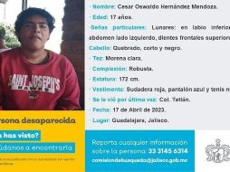 César Oswaldo mide 1.85 metros, la última vez que se le vio llevaba una sudadera roja con letras blancas, pantalón de mezclilla azul oscuro y tenis negros. ESPECIAL