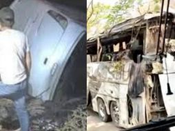 El camión de pasajeros quedó destrozado tras desbarrancarse. ESPECIAL