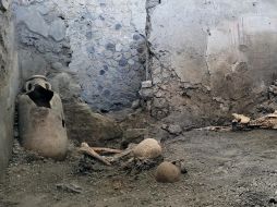 Los dos esqueletos que se cree que pertenecieron a dos hombres de al menos 55 años fueron encontrados en el sitio llamado Casti Amanti. EFE/Área Arqueológica de Pompeya