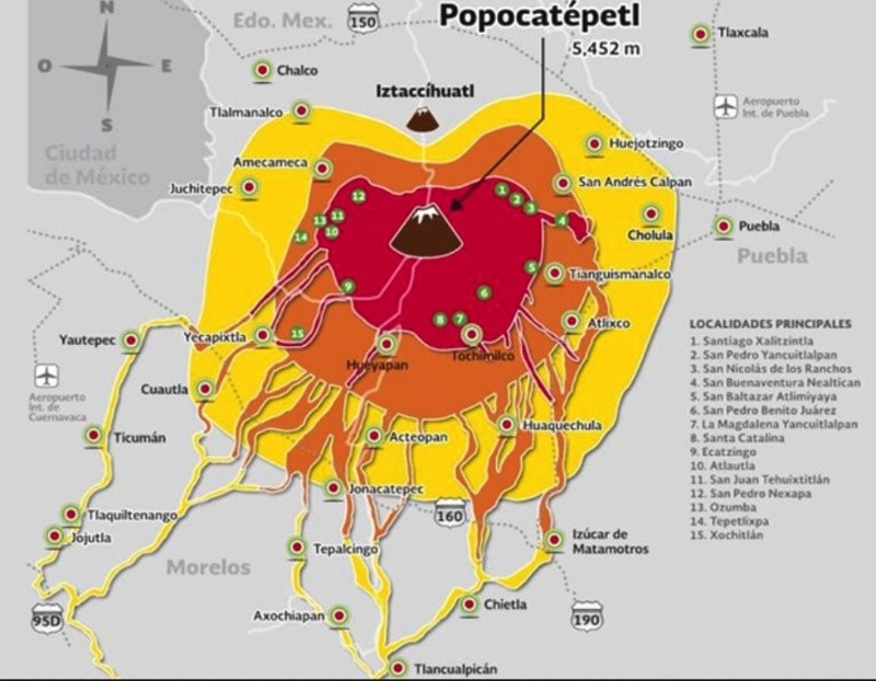 Este mapa muestra las zonas de peligrosidad por flujos piroclásticos, de lodo y lava en las áreas que rodean al volcán. GOBIERNO DE MÉXICO