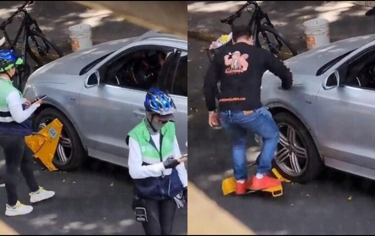 El hombre dejó su carro en línea amarilla mientras comía en un puesto de tacos en la calle Donato Guerra; cuando volvió destruyó el inmovilizador. ESPECIAL/ @Trafico_ZMG