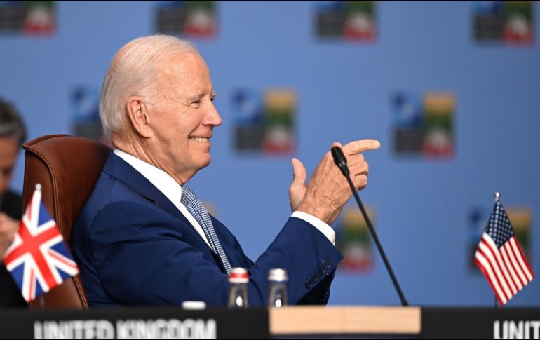 El presidente de Estados Unidos (EU), Joe Biden, durante la primera jornada de la cumbre de dos días de la OTAN en Lituania. EFE/ F. Singer