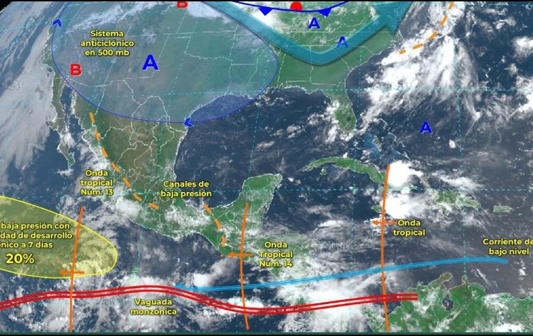 La entrada de humedad a la nación desde el océano Pacífico y el Golfo de México, más la entrada de la onda tropical número 14 y la nueva aparición de un canal de baja presión en la zona sureste de México alimentan la posibilidad de sumar un nuevo ciclón para la temporada. TWITTER / @conagua_clima