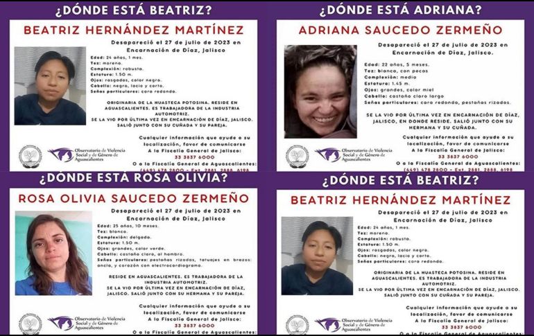 Según las primeras investigaciones, las jóvenes residentes de Aguascalientes acudieron a Encarnación de Díaz de visita con sus familiares, cuando ocurrió la desaparición. ESPECIAL