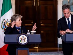 Alicia Bárcena, secretaria de Relaciones Exteriores, y el secretario de Estado de EU, Antony Blinken, en conferencia de prensa. EFE/J. Lo Scalzo