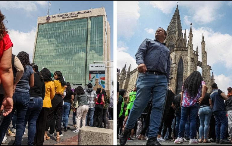En el caso del edificio de rectoría de la UdeG, José Luis Velázquez, jefe de la Unidad de Protección Civil Universitaria, declaró que fueron 853 personas evacuadas en un tiempo de 06:33 minutos, similar al del año pasado. EL INFORMADOR / H. Figueroa