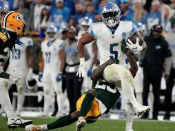 David Montgomery (#5) corrió para tres anotaciones, confirmando el dominio que tuvieron los Lions anoche sobre los Packers. AP/M. Gash