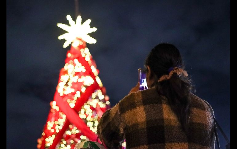 Adornado con cintas rojas y nochebuenas, el árbol fue iluminado con la catedral de fondo, seguido de un espectáculo de fuegos artificiales de todos colores, que chicos y grandes captaron con sus teléfonos celulares. EL INFORMADOR/ H. FIGUEROA