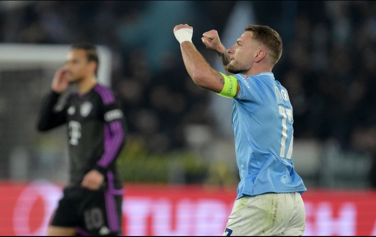 Ciro Immobile celebra tras anotar el gol de Lazio en la victoria 1-0 ante Bayern Múnich en los octavos de final de la Liga de Campeones. AP/LaPresse/A. Falcone