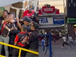 Un nutrido grupo de seguidores de Rayados persiguió a seguidores del Atlas en las calles que rodean el inmueble. ESPECIAL.