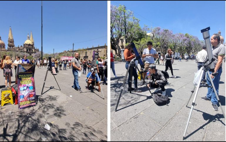 En la Plaza de la Liberación en el Centro Histórico de Guadalajara varios sujetos rentaron sus telescopios para ver el Eclipse Solar del día de hoy. EL INFORMADOR / J. Velazco