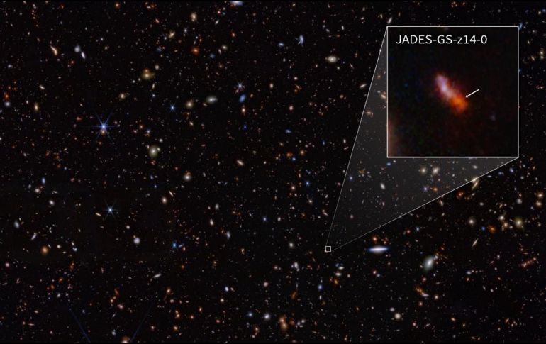 Los científicos determinaron que una de esas galaxias, JADES-GS-z14-0, se encuentra a un desplazamiento al rojo de 14.32. ESPECIAL / NASA