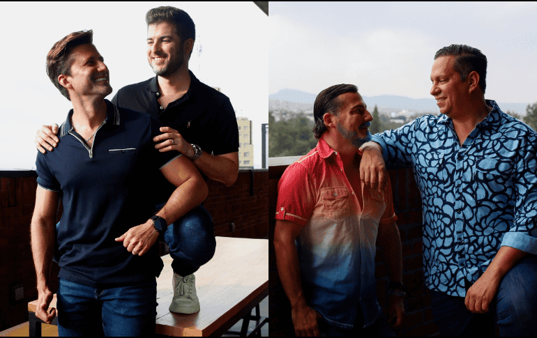Cástulo Rodríguez y Oscar Antonio De la Rocha; Juan Carlos Betancourt y Rigo Longoria. Parejas de la comunidad LBGT quienes contaron la discriminación que vivieron durante sus casamientos. EFE/Foto de F. Guasco