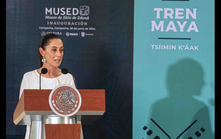 Claudia Sheinbaum y el presidente Andrés Manuel López Obrador asistieron a la Inauguración del Museo de Sitio de Edzná en área arqueológica de Campeche. SUN/Gabriel Pano