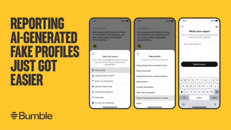 &nbsp;Así se puede reportar en Bumble a un perfil que utiliza imágenes alteradas por IA. CORTESÍA