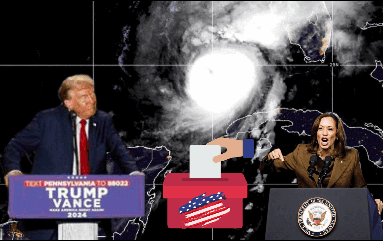 Trump y Harris se verán las caras en los comicios del 05 de noviembre, pero la manera en cómo gestionen la llegada del huracán “Milton” a Florida puede definir el destino presidencial de Estados Unidos. EFE/ NOAA/ David Maxwell/ Caroline Brehman/ CANVA/ ESPECIAL