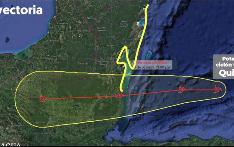 Durante la tarde-noche, se espera que el potencial ciclón tropical Quince continúe su desplazamiento hacia el oeste-noroeste, acercándose a las costas del sur de Quintana Roo y Belice. ESPECIAL / Conagua
