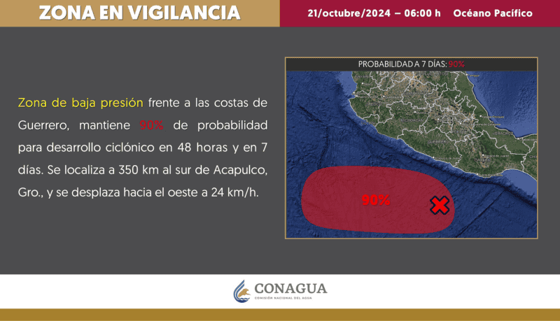El SMN de México mantiene en vigilancia una zona de baja presión con probabilidad para desarrollo ciclónico frente a las costas del estado de Guerrero. X -TWITTER-/ conagua_clima&nbsp;