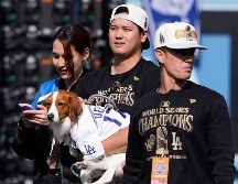 Shohei Ohtani de los Dodgers de Los Ángeles sostiene a su perro tras ganar la Serie Mundial. ARCHIVO / AP Foto