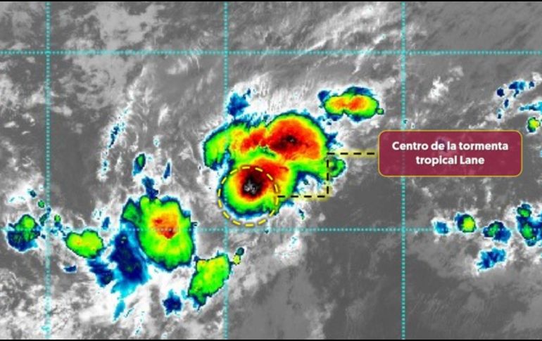 La tormenta tropical Lane se encontraba a unos 2.455 kilómetros (1.525 millas) al oeste-suroeste del extremo sur de la península de Baja California. X/ @conagua_clima.