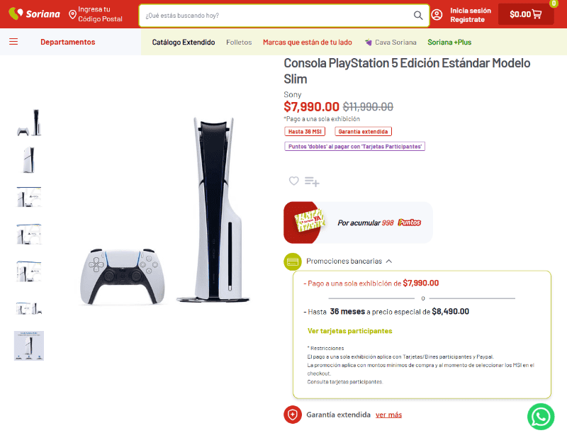 Consola PlayStation 5 Edición Estándar Modelo SlimConsola PlayStation 5 Edición Estándar Modelo Slim, disponible en la página en línea de Soriana.  ESPECIAL / Soriana