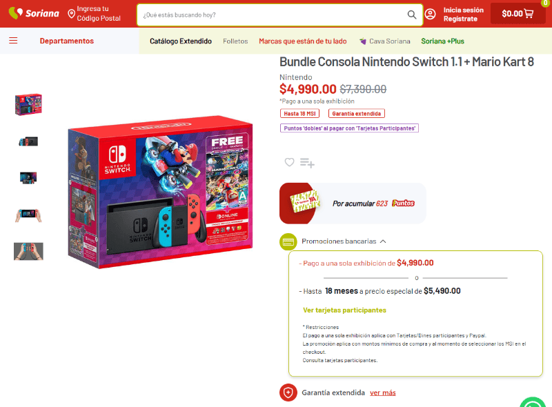 Bundle Consola Nintendo Switch 1.1 + Mario Kart 8, disponible en la página en línea de Soriana.  ESPECIAL / Soriana